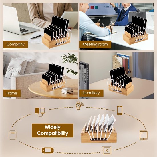 BamDock | 5-poorts bamboe oplaadstation voor smartphone, tablet en