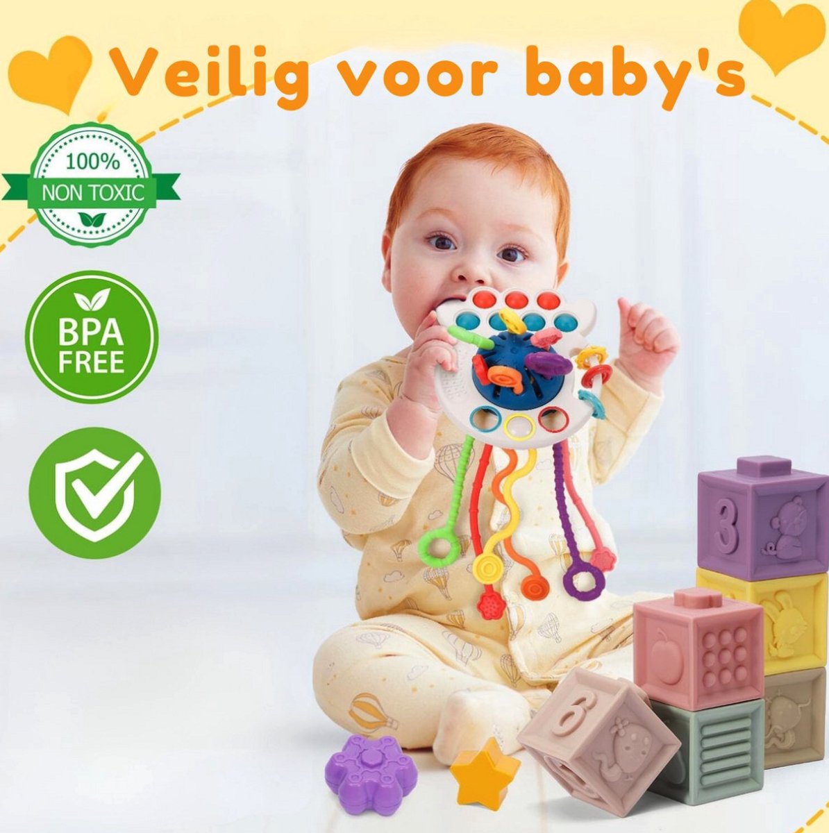 Baby Speelgoed - Speelgoed 1 Jaar - Montessori Speelgoed - Kinderspeelgoed - 2 in 1 Stapelblokken & Bijtring — afbeelding 7