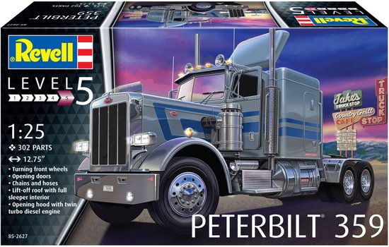 Maquettes Revell Peterbilt 359: Niveau 5, 1:25, 302 pièces, argent avec rayures bleues.