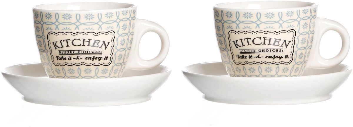 Set van 2 espressokopjes + schoteltjes 80ml crème/blauw Retro Keuken - Ritzenhoff 66449