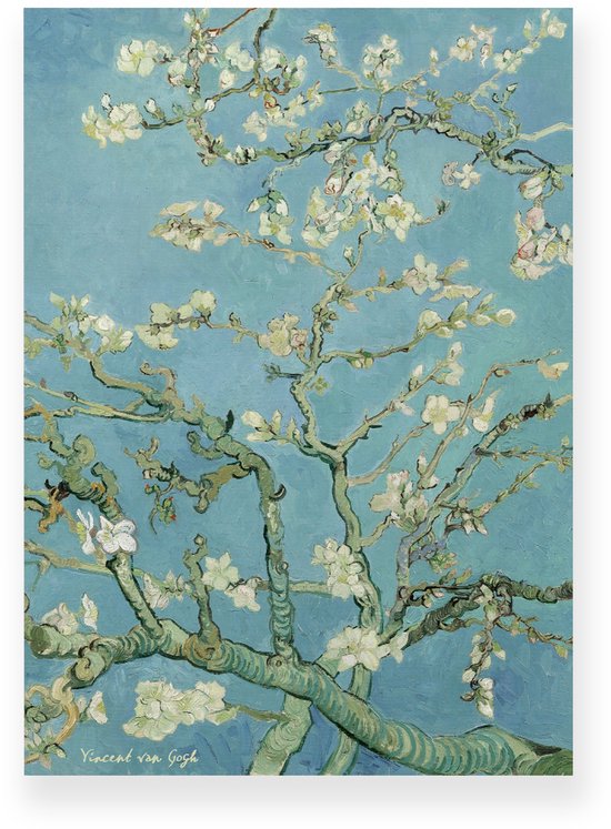 Poster 20x30 cm - Amandelbloesem - Vincent van Gogh - Bloesemtakken - Blauw - Postimpressionisme - Botanisch - Muurdecoratie - Wanddecoratie