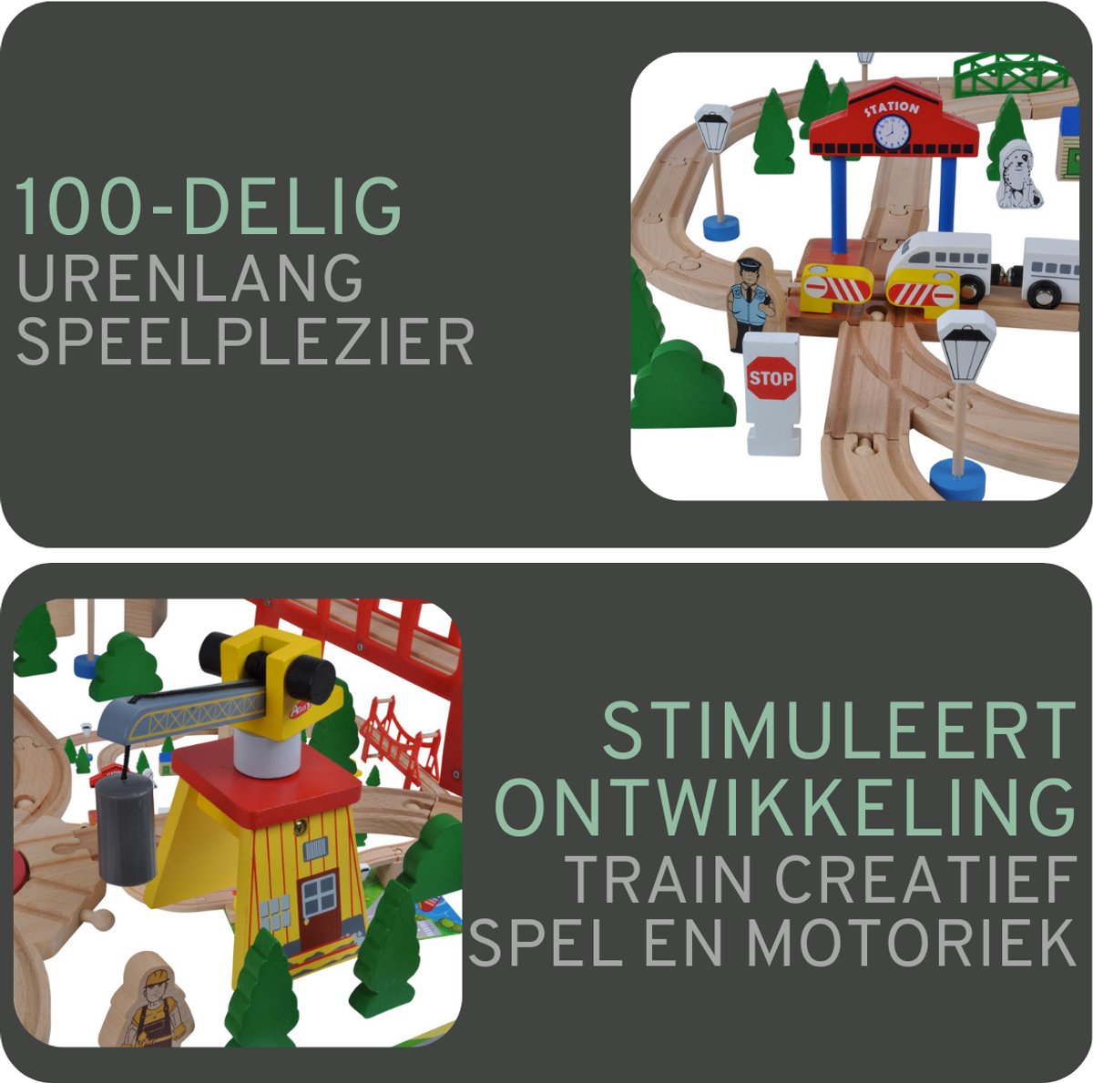 Bandits & Angels Houten Treinset 100 delig met Grondplaat vanaf 3 jaar voor Jongens en Meisjes - Trein Set van Hout met 100 delen - inclusief 2 Treinen en Grondplaat - Treinbaan voor Kinderen met Accessoires — afbeelding 3