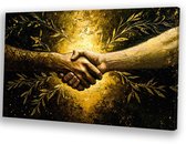 Poignée de main dorée avec feuilles - Peintures collaboratives sur toile - Art mural poignée de main - Expressionnisme - Décoration murale chambre enfant - Accessoires de bureau - toile 100x75 cm