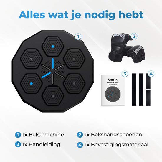 Een zwart trainingsapparaat met hexagonaal design, bokshandschoenen, handleiding en bevestigingsmateriaal.