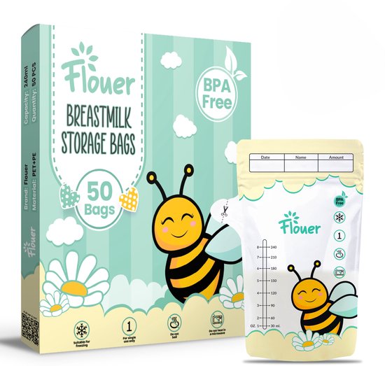 Flouer Sacs de conservation du lait maternel avec bec verseur - Extra Groot - 240 ml - 50 pièces - Sac de conservation Allaitement - Conteneurs de conservation des Nourriture pour bébé - Sacs Allaitement