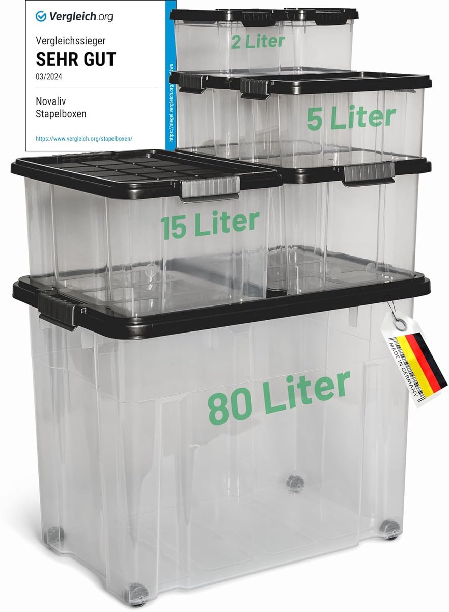 Novaliv 7-delige set opbergdozen met deksel, antraciet, 1x80 L + 2x 15 L + 2x 5 L + 2x 2 L, nestbaar, stapelbaar, clipsluiting, roldozen, BPA-vrij