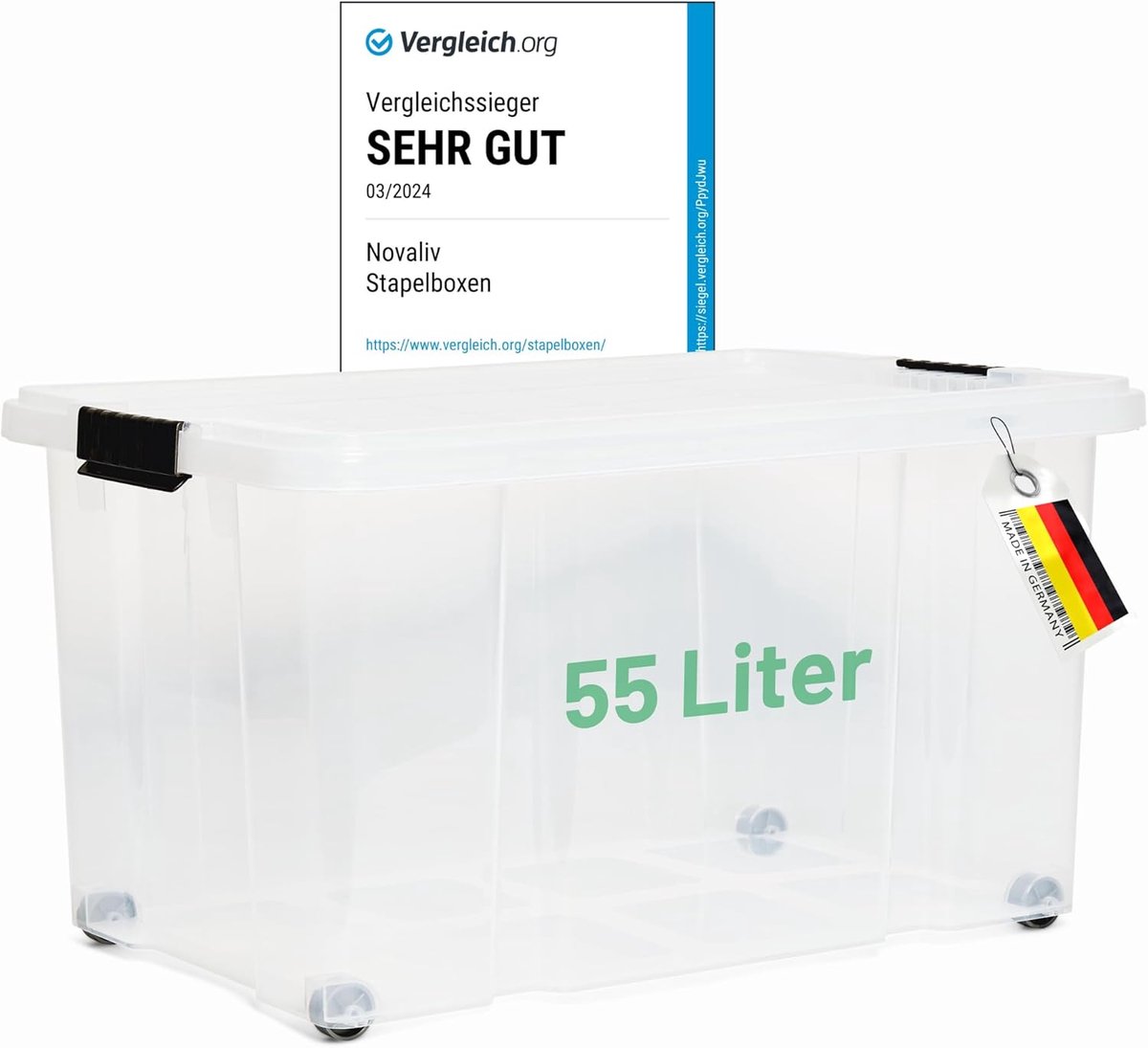 Novaliv opbergdoos met deksel, groot 55L, transparant, nestbaar, stapelbare kunststof doos met clipsluiting, Eurobox met deksel, BPA-vrij, 61x40x32,5 cm