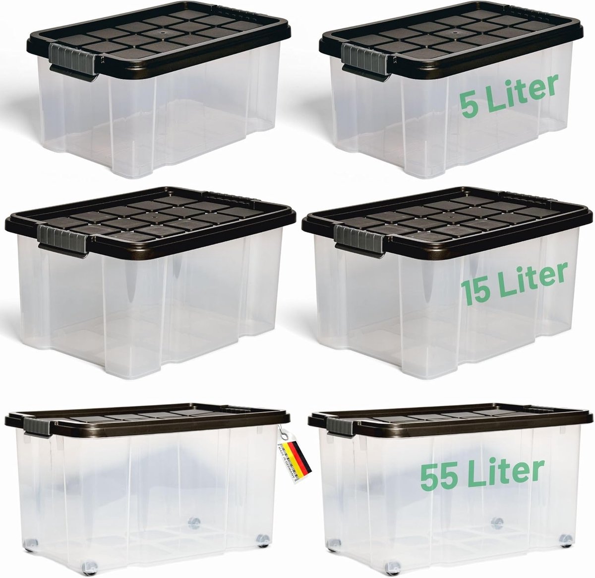 Novaliv 6-delige voordeelset opbergdoos met deksel, antraciet, 2x 55 L + 2x 15 L + 2x 5 L, nestbaar, stapelbaar, clipsluiting, rolboxen, BPA-vrij
