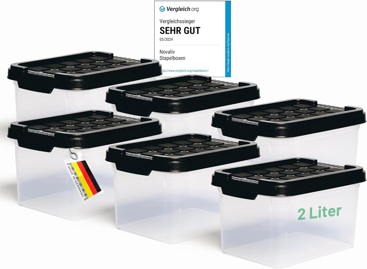 Novaliv 6x Opbergdozen met deksel Klein 2 L Antraciet Nestbaar Stapelbaar Kunststof dozen met clipsluiting Kunststof BPA-vrij 19 x 14 x 11 cm