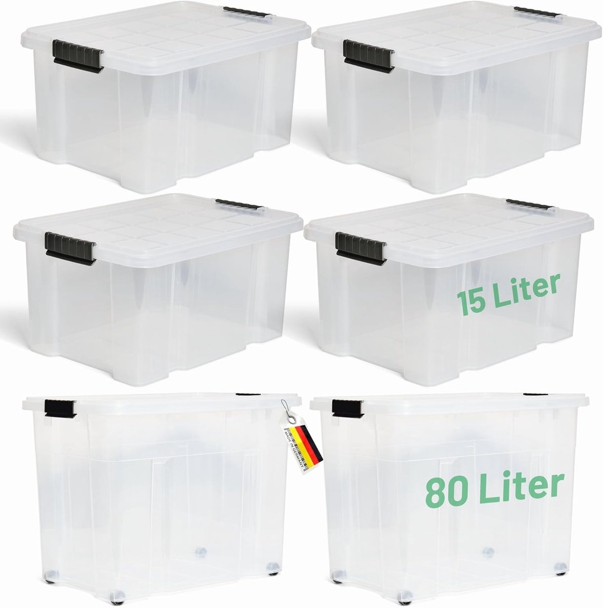 Novaliv 5-delige set opbergdozen met deksel, transparant, 1x80 L + 4x 15 L, nestbaar, stapelbaar, clipsluiting, roldozen, BPA-vrij