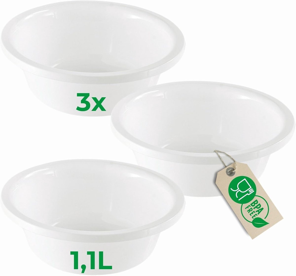 Novaliv 3x Afwaskommen Rond 1,1L, D20 cm, Wit, BPA-vrij, Vaatwasserbestendig, Ideaal voor keuken en camping, kleine ronde kom, kleine plastic kom, kleine waskom, plastic kom