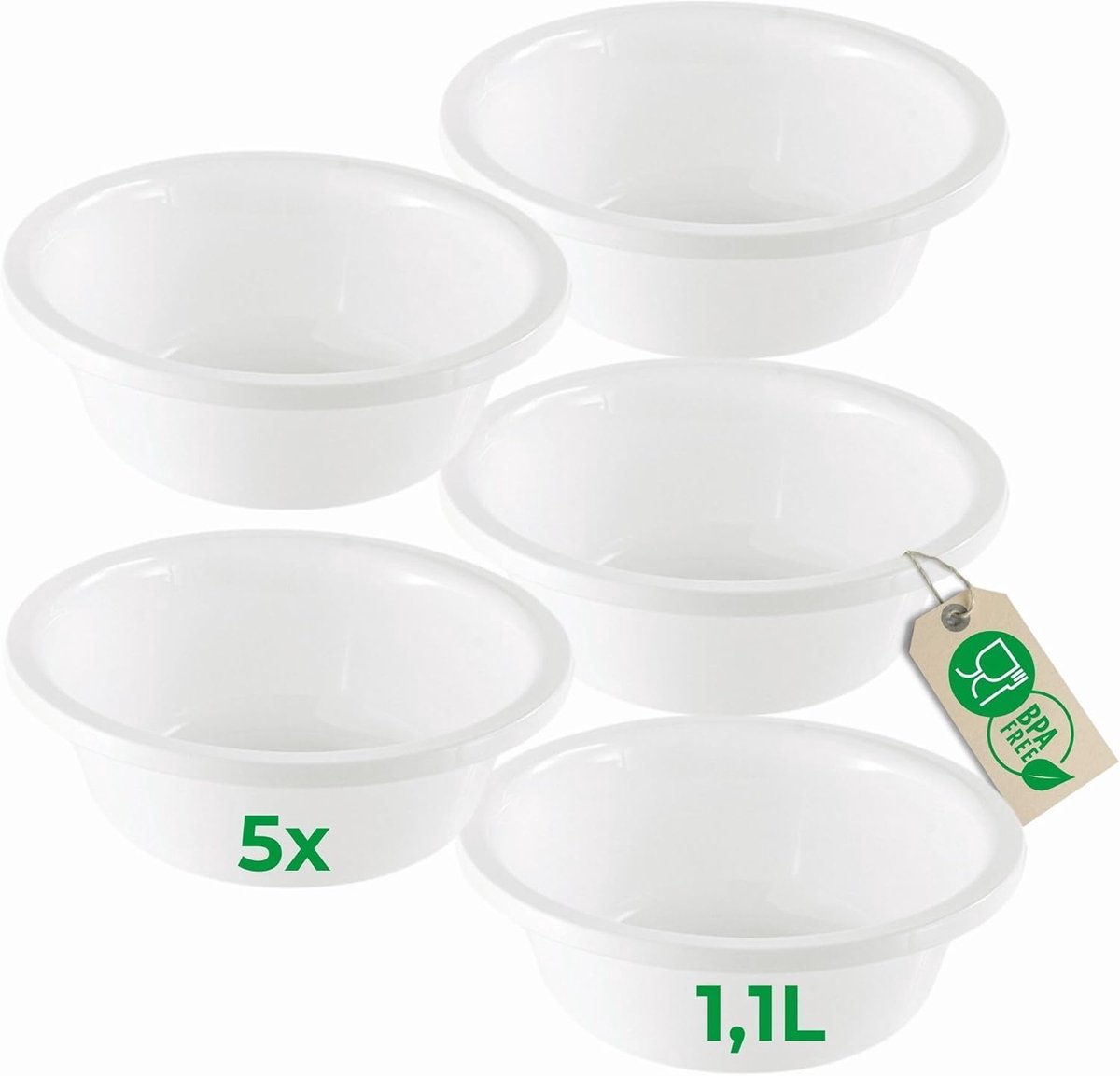 Novaliv 5x Afwaskommen Rond 1,1L, D20 cm, Wit, BPA-vrij, Vaatwasserbestendig, Ideaal voor Keuken en Camping, Kleine Ronde Kom, Kleine Plastic Kom, Kleine Afwaskom, Plastic Kom