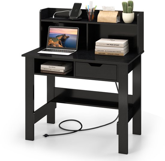 COSTWAY Bureau met stopcontacten, kleine computertafel met opzetstuk, open vak en lade, pc-tafel, kantoortafel voor thuiskantoor, 95 x 56 x 109,5 cm, wit (zwart)