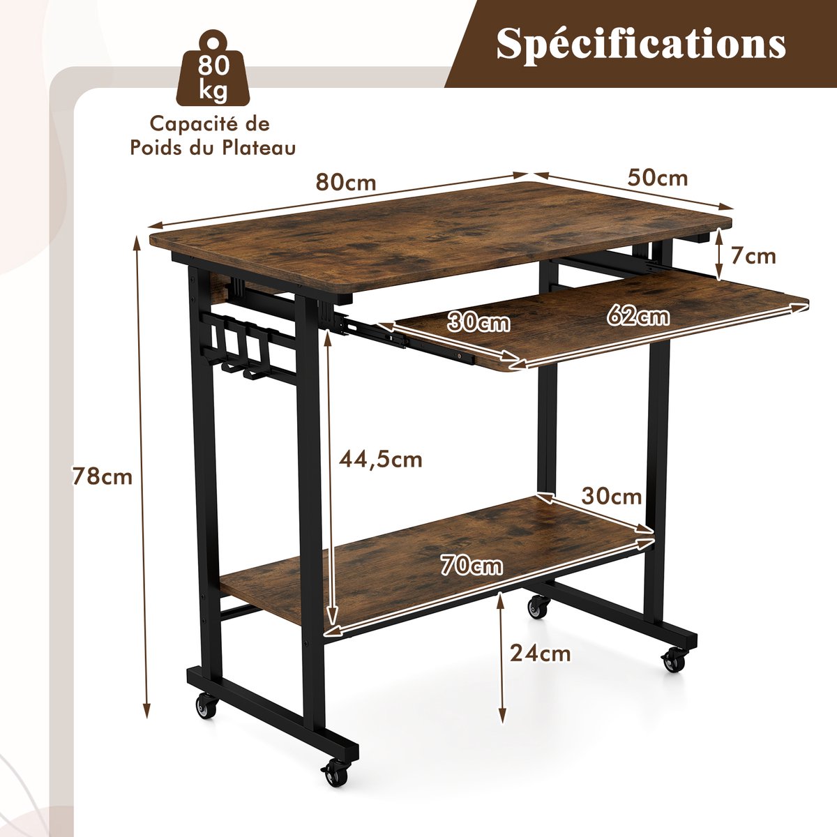 Yaheetech Computertafel met plank, bureau, pc-tafel met wielen