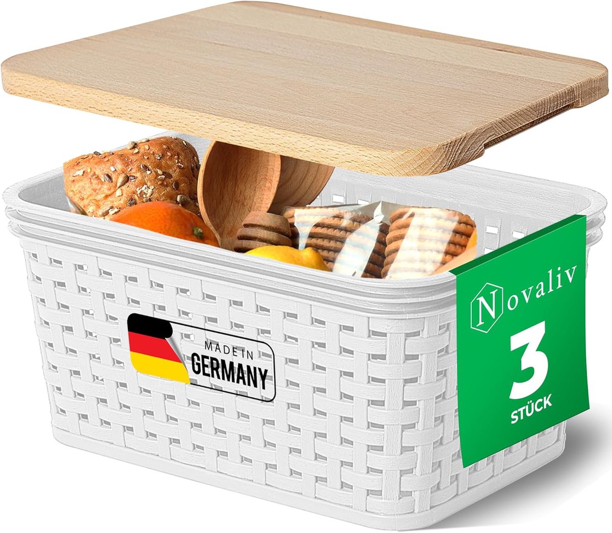Novaliv set van 3 opbergdozen met houten deksels, 2L, wit, kunststof, rotanlook, keukenopslag en -organisatie, BPA-vrije kastorganizer, opbergdozen voor theezakjes, snacks, kruiden