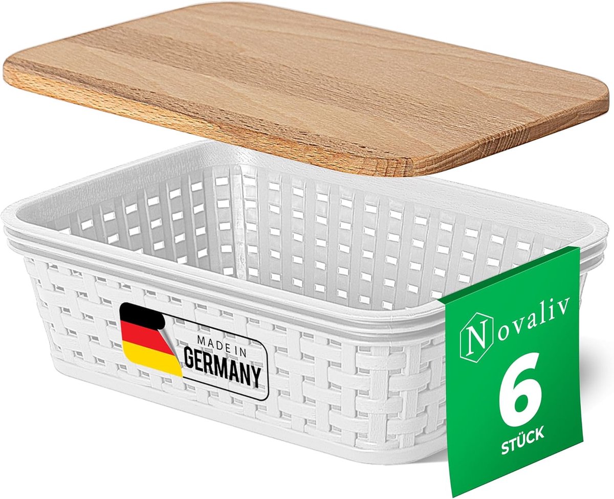 Novaliv set van 6 opbergdozen met houten deksels, mini 1L mand, wit in rotan design, voedselveilige opbergmand, stapelbare dozen, nestbare kunststof, BPA-vrije doos, stofbakken met deksel