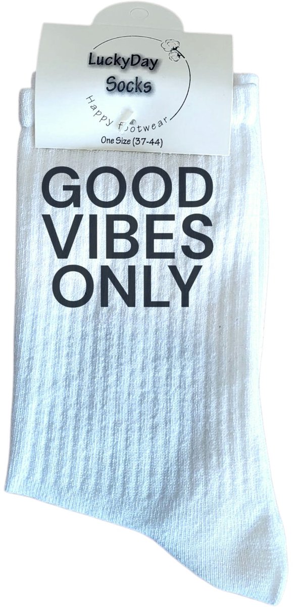 Verjaardags cadeau - Good Vibes Only Sokken - vrolijke sokken - witte sokken - tennis sokken - sport sokken - valentijns cadeau - sokken met tekst - aparte sokken - grappige sokken - Sokken waar je vrolijk van wordt - maat 37-44