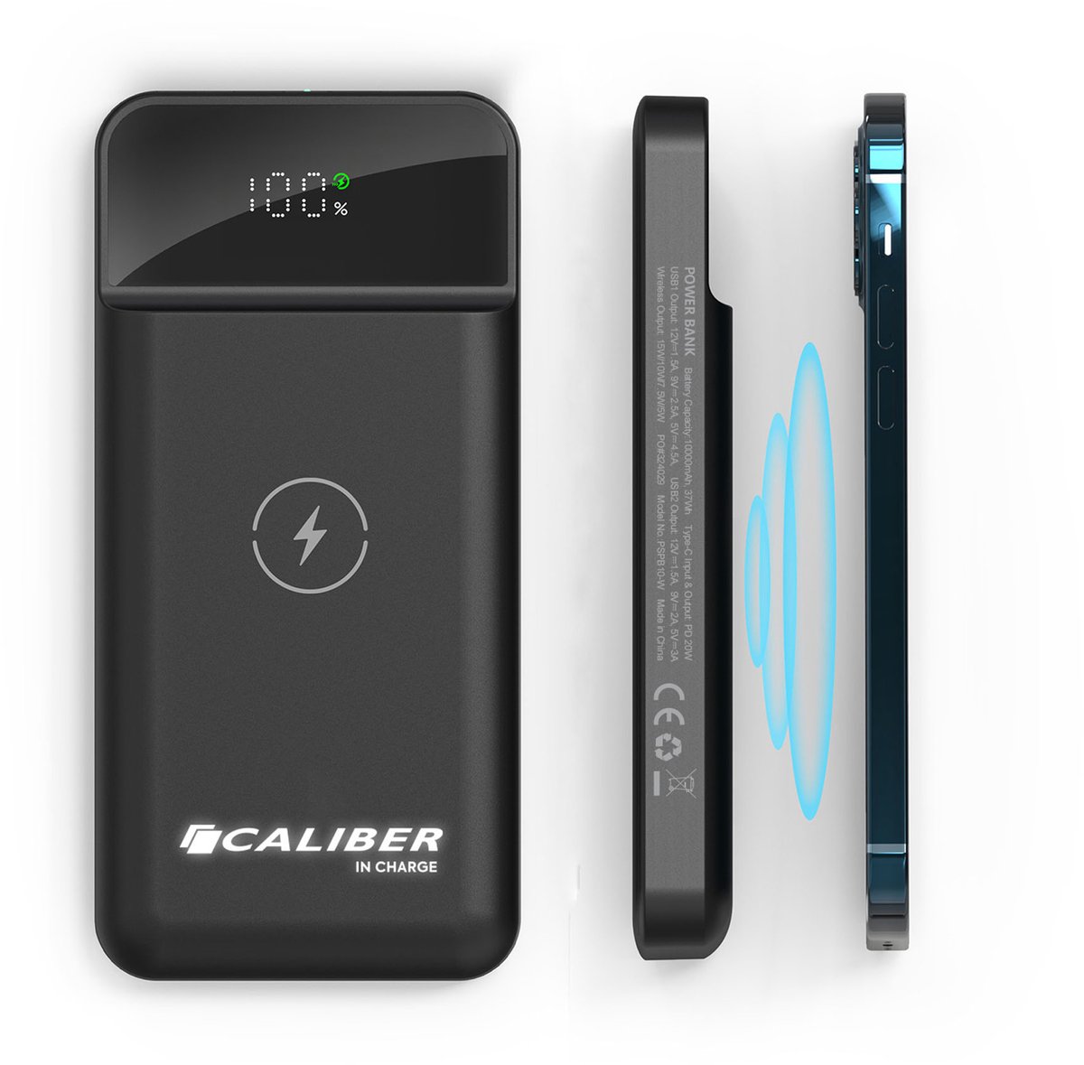 Caliber Powerbank - Draadloze Powerbank 10000 mah - 22.5W Snellader - Digitaal Display - usb c kabel