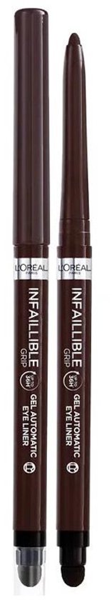 Twee bruine L'Oréal Infallible 36H Grip Gel Automatic Eyeliners, één met dop, één opgedraaid.
