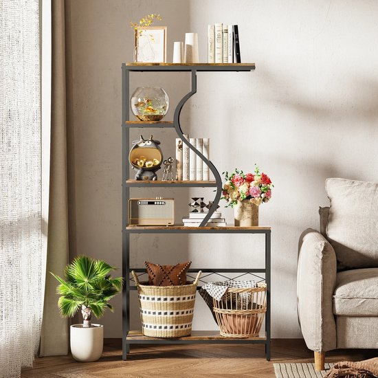Foto: Suredeal plantenstandaard industrieel 90x30x180 cm metaal mdf zwart bruin 5 lagen bloemenrek