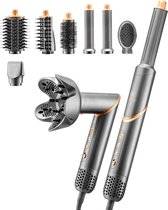 De Mellian MysticBlow 8-in-1 multistyler met diverse opzetstukken: föhn, diffuser, 4 borstels en 2 stijltangen.
