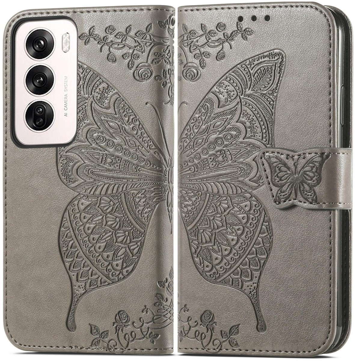 Mobigear Telefoonhoesje geschikt voor OPPO Reno 12 Pro Hoesje | Mobigear Butterfly Bookcase Portemonnee | Pasjeshouder voor 3 Pasjes | Telefoonhoesje voor Pinpas / OV Kaart / Rijbewijs - Grijs