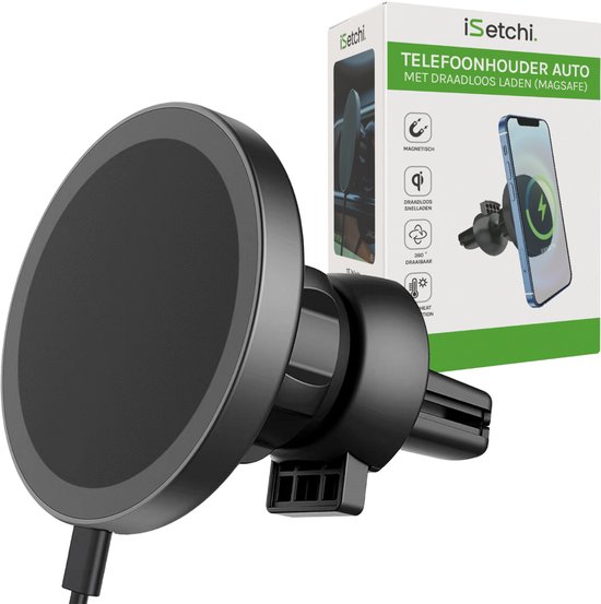 iSetchi Telefoonhouder Auto met Qi Draadloze Oplader - 15W Autolader - Snellader - Met 2 extra Lange oplaadkabels - Ventilatierooster - Dashboard - Autohouder Geschikt voor MagSafe - Telefoonhouders Auto Ventilatie