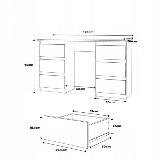 Meuble carré - Bureau Bernova - Wit mat - avec 6 tiroirs