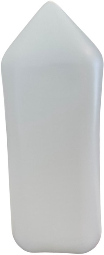 Een spitse, witte jerrycan van kunststof, zijkantaanzicht.