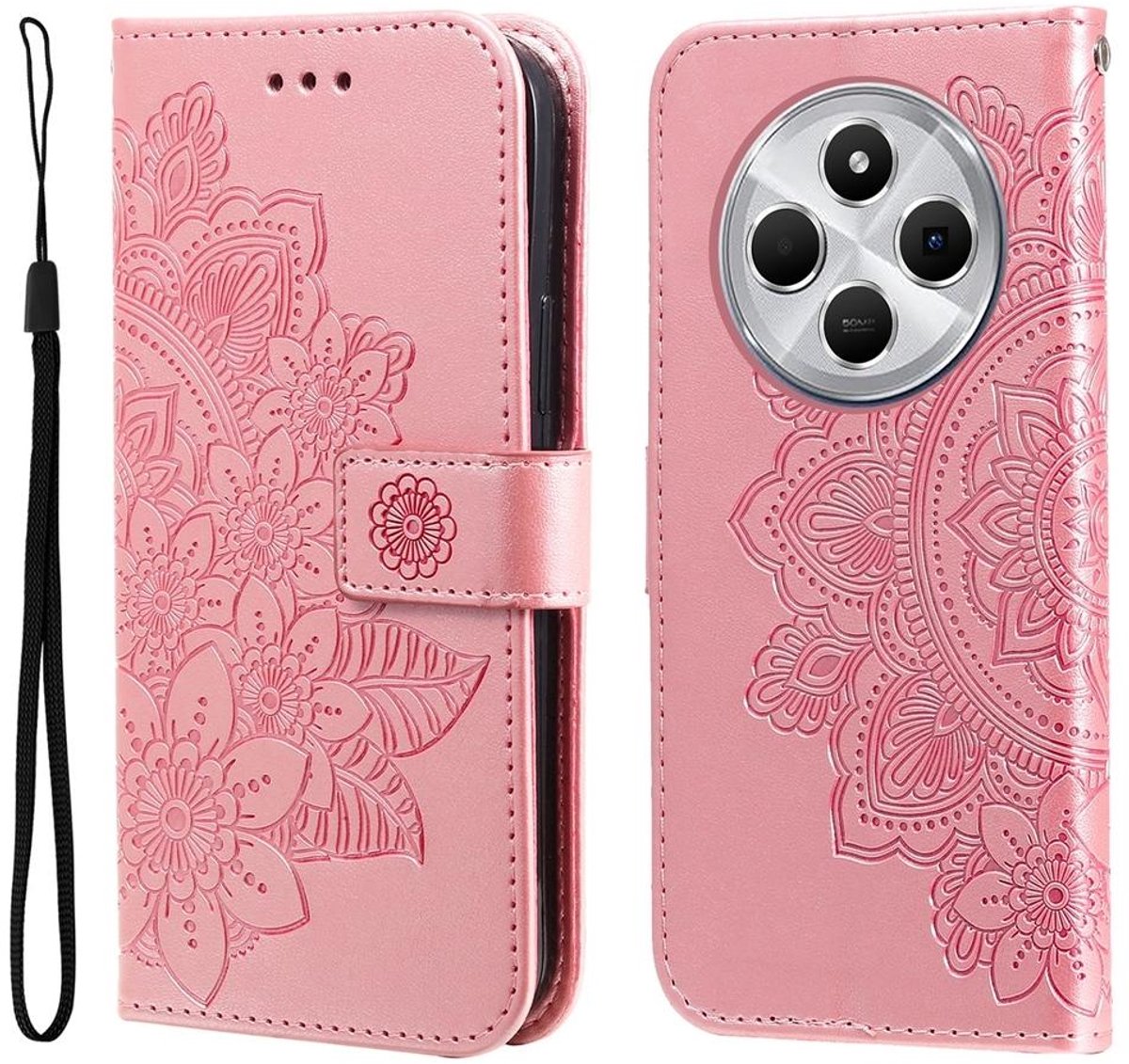 Mobigear Telefoonhoesje geschikt voor Xiaomi Redmi 14C Hoesje | Mobigear Flowers Bookcase Portemonnee | Pasjeshouder voor 3 Pasjes | Telefoonhoesje voor Pinpas / OV Kaart / Rijbewijs - Roségoud