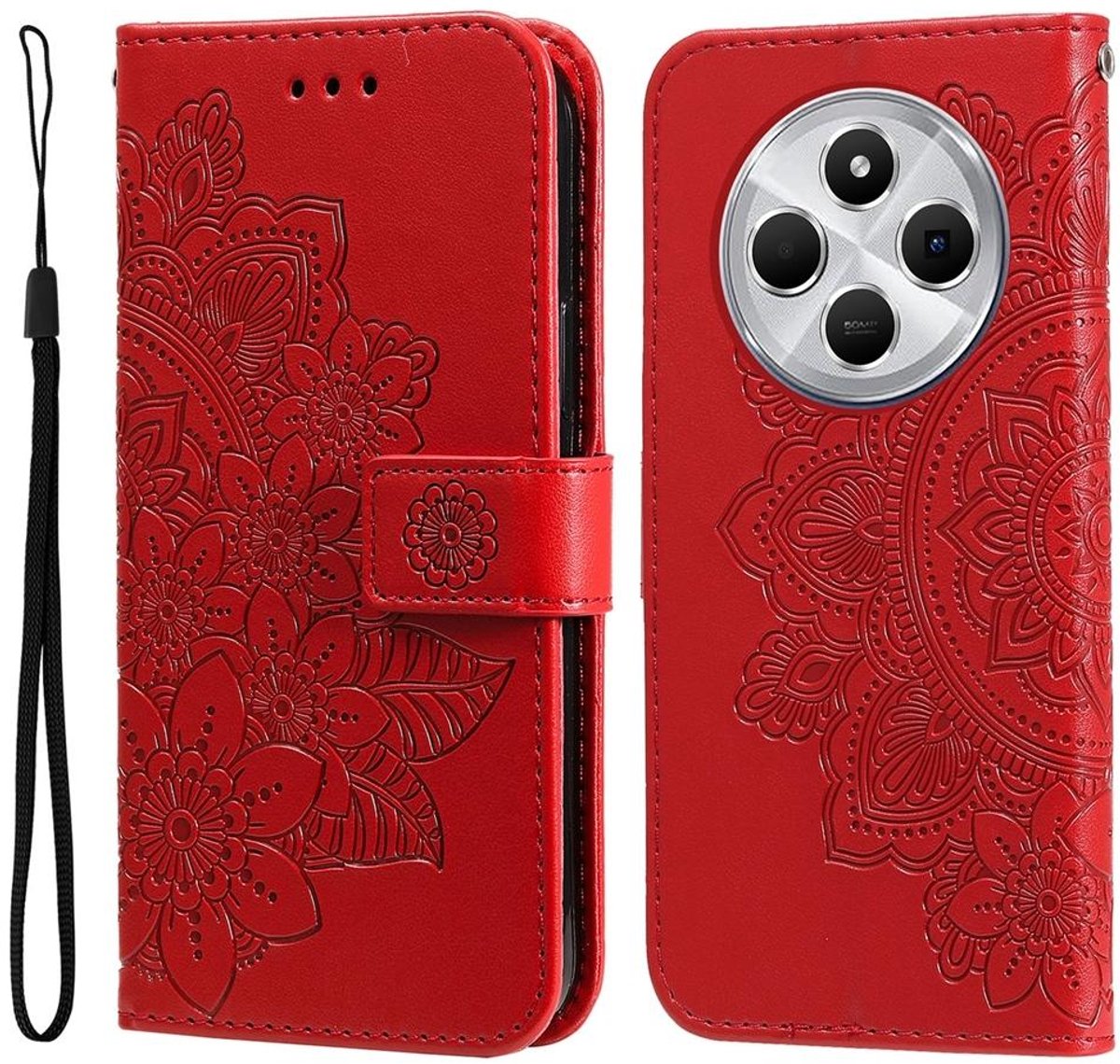 Mobigear Telefoonhoesje geschikt voor Xiaomi Redmi 14C Hoesje | Mobigear Flowers Bookcase Portemonnee | Pasjeshouder voor 3 Pasjes | Telefoonhoesje voor Pinpas / OV Kaart / Rijbewijs - Rood