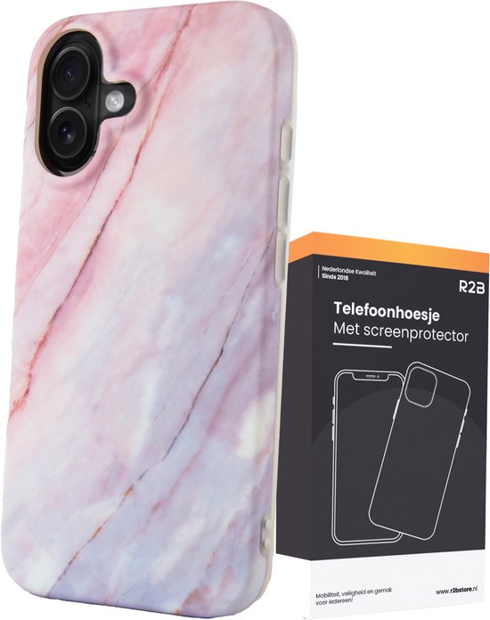 Coque de téléphone rose marbrée avec découpe double caméra, à côté de son emballage.