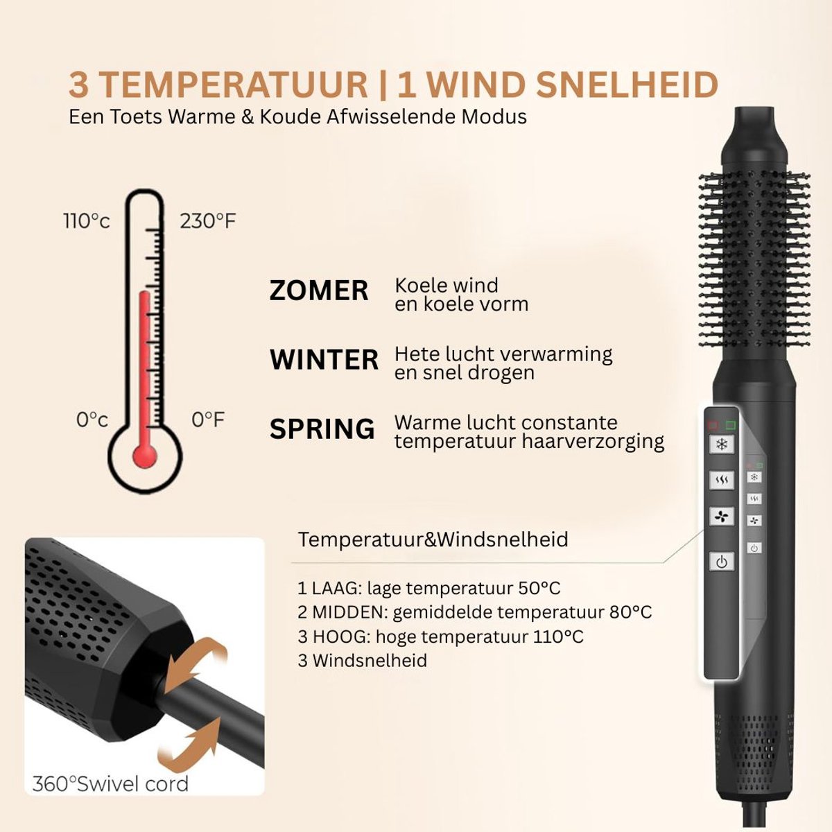 CLGP® Roterende Fohnborstel 5 in 1 - Krultang en Stijltang Zwart - afbeelding 3