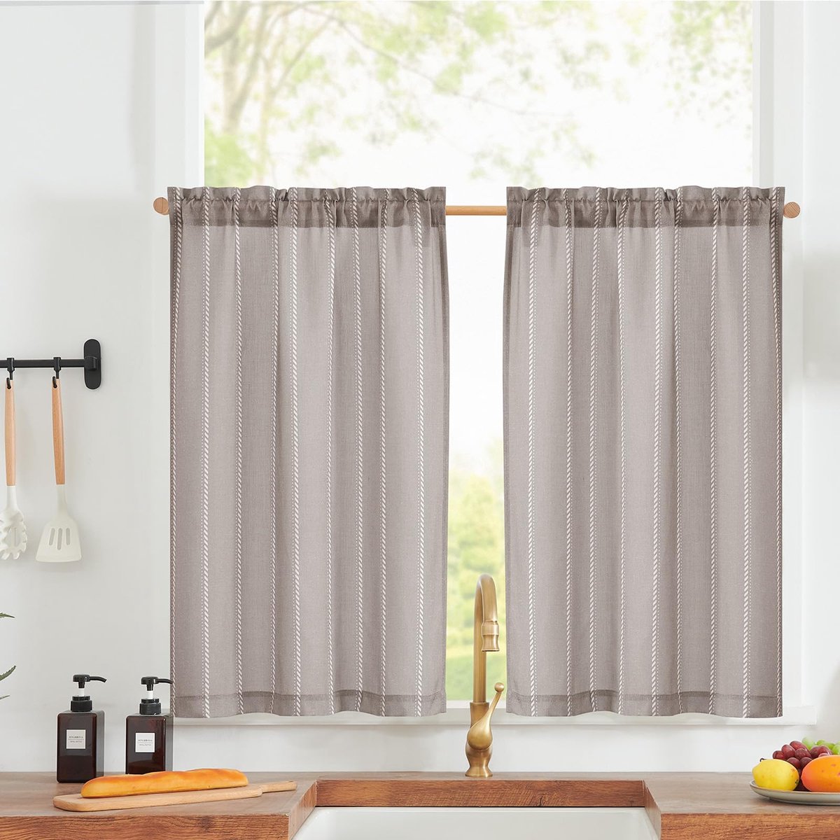 Unyqoos Moderne Linnenlook Gestreepte Gordijnen voor Keuken en Woonkamer, Lichtfilterend, 65 x 90 cm, Set van 2, Grijs