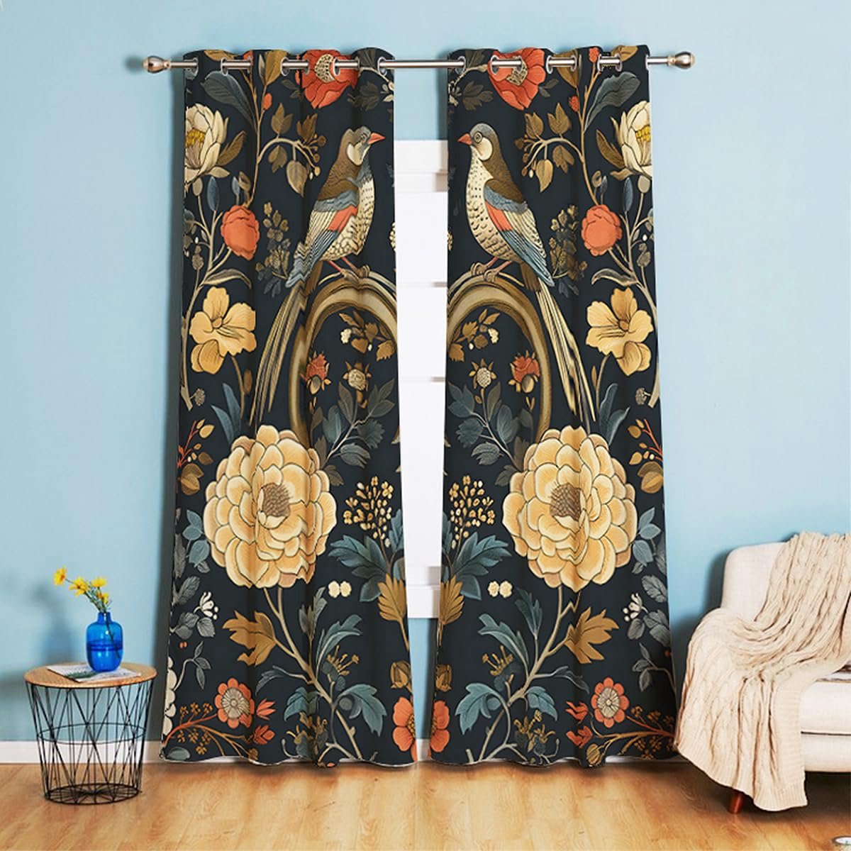 Unyqoos Gezellige Vintage Verduisteringsgordijnen met Bloemen en Vogels voor Slaapkamer en Woonkamer zwart