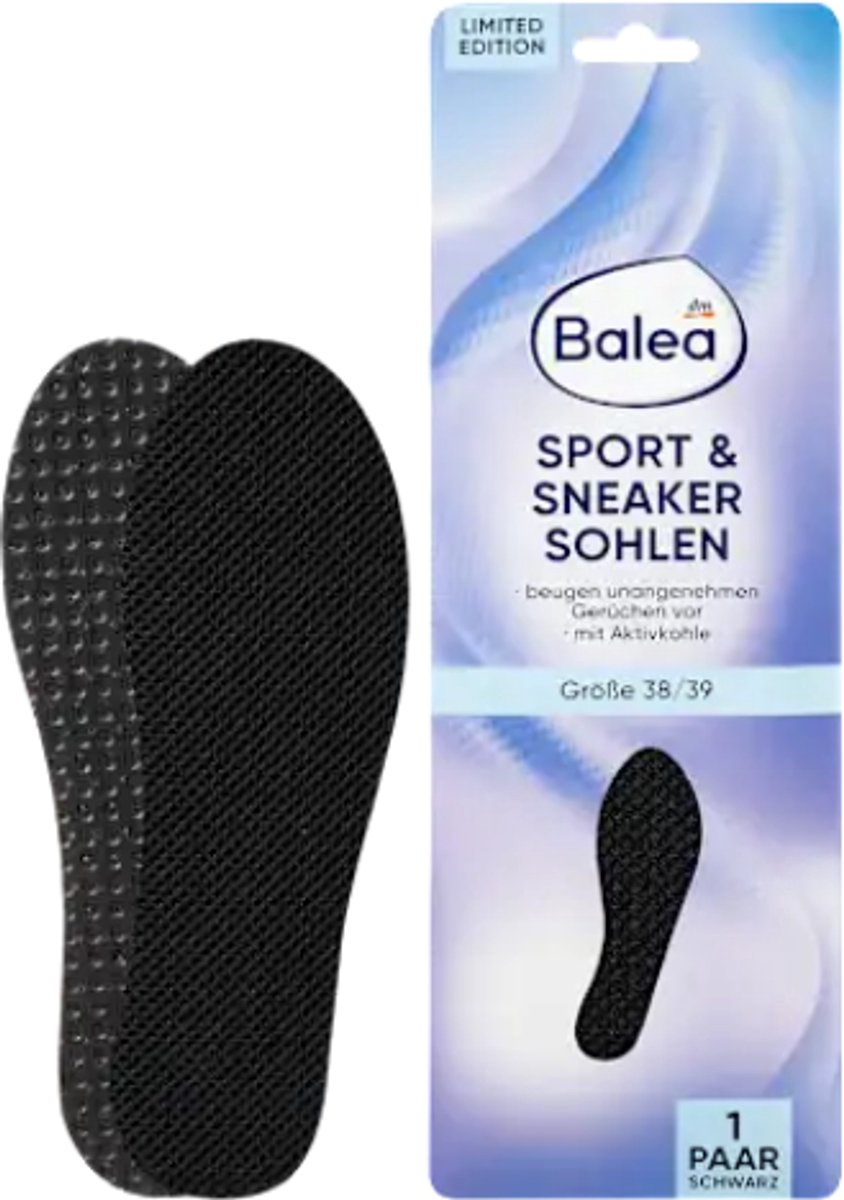 Balea Sport & Sneaker Inlegzolen - Maat 38/39 - Zwart | 1 Paar Latexschuim-inlegzooltjes | Met Actieve Kool tegen Onaangename Geurtjes