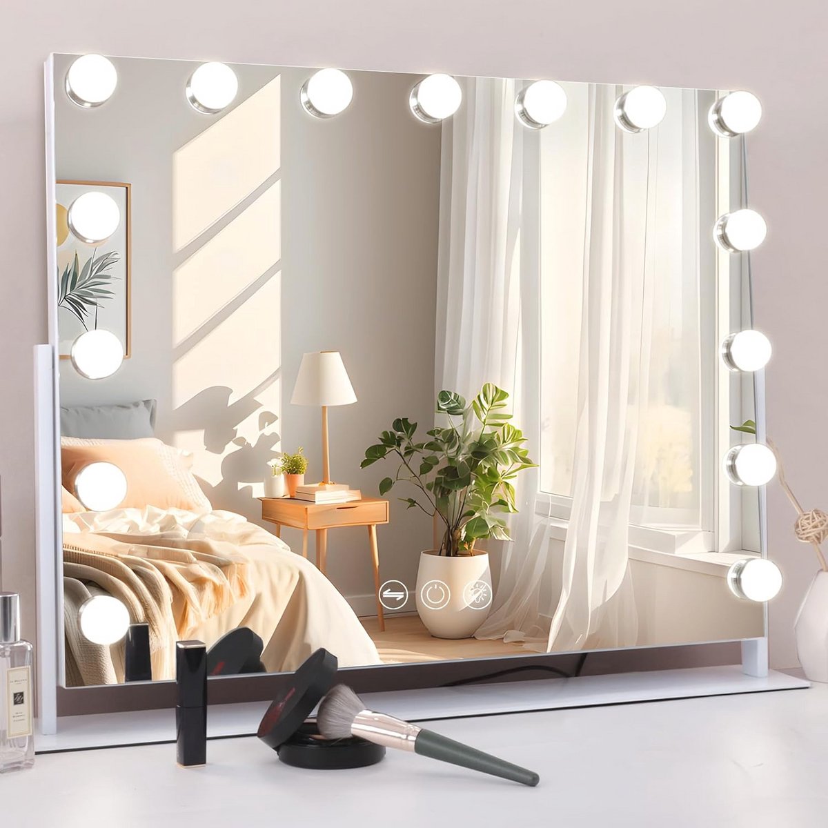 Grote Ijdelheid Make-Up Spiegel met Lichten en 10x Vergroting - Hollywood Spiegel met Dimbare LED Verlichting en USB-Laadpoort