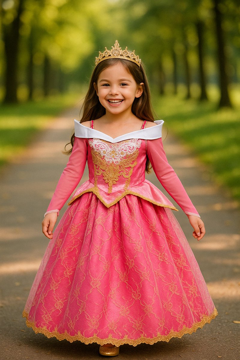 Joya Kids® Roze met Goud Prinses verkleedjurk | Roze Prinsessenjurk | verkleedkleding Meisje | (110) roze goud + kroontje & Staf | Cadeau meisje — afbeelding 2