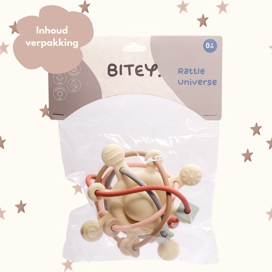 Verpakking met Bitey Rattle Universe bijtring in beige, roze en grijs.