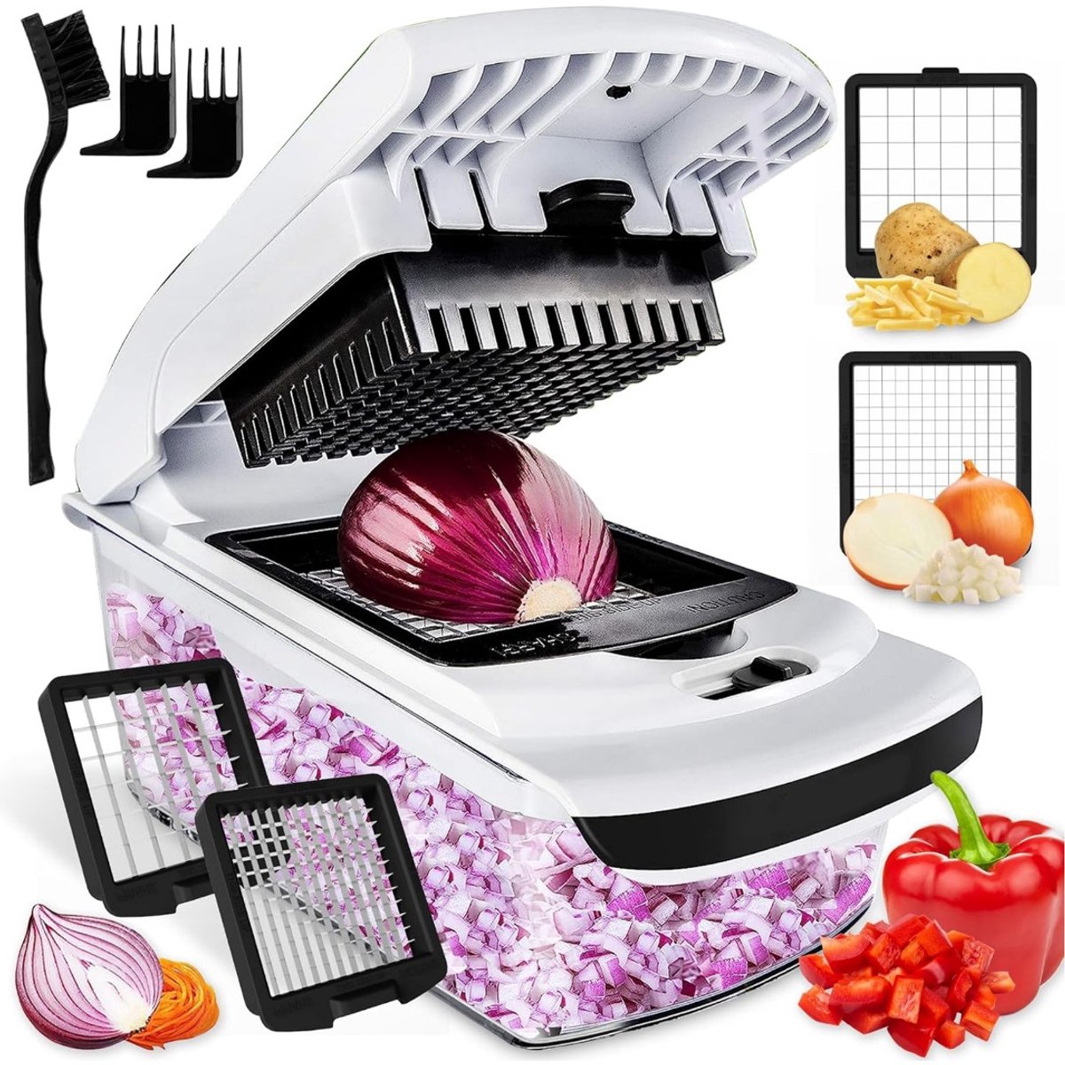 SEVENMOON® Multifunctionele 14-in-1 Groentesnijder –Chopper - Multifunctionele Snijder voor Groenten en Fruit – Uienhakselaar, Komkommerschaaf, Julienne, Blokjes, Rasp – Ideaal voor Aardappelen, Tomaten, Wortelen- Wit