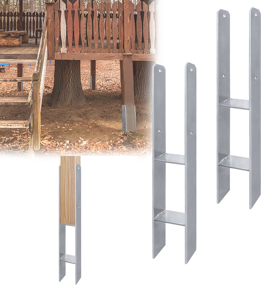 Aufun 2 stuks H-ankert ondersteuning voor paal, ontwerp van bodemstopcontact, Post Support, materiaaldikte 5mm, 91x600mm