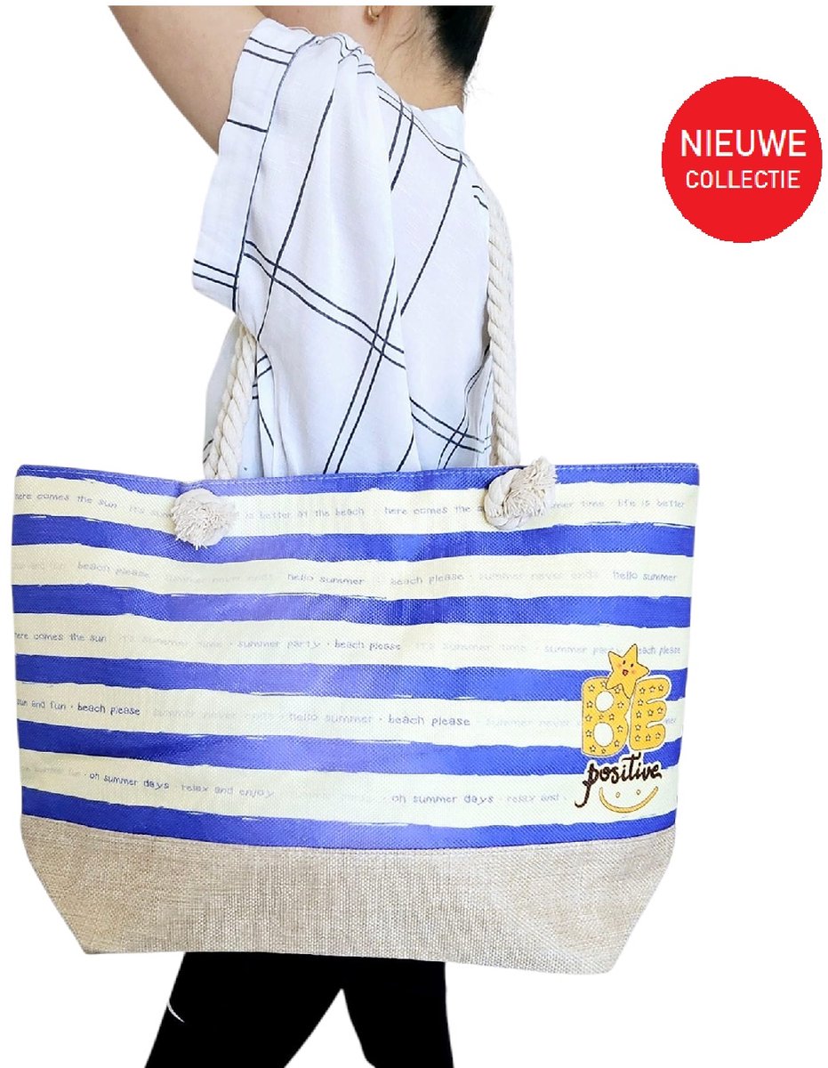Mooie Shopper zomer Blauw gestreept - Strandtas met ritssluiting- Weekend tas 50x 35 CM - Grote tas- Shopper tas- nieuw collectie 2025