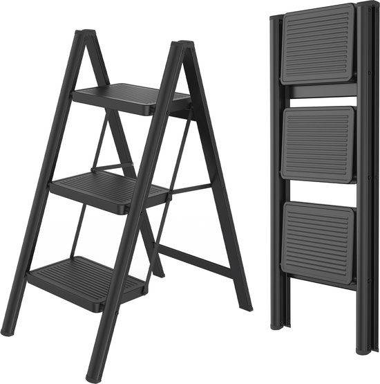 Foto: Naizy trapladder 3 treden inklapbare ladder vouwladder huishoudladder opstapje met 30x20cm brede treeplank tot 250kg belastbaar zwart