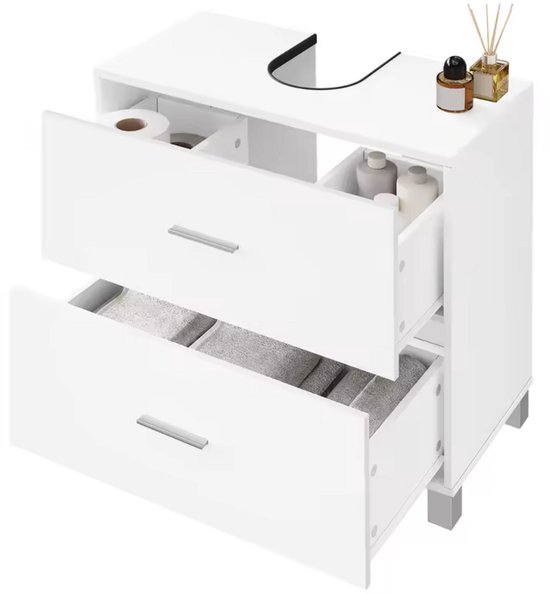 Wit badmeubel met twee open lades. De bovenste lade bevat toiletpapier en de onderste lade gevouwen handdoeken.