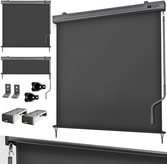 tillvex® Verticale zonwering 180 x 250 cm voor buiten en binnen met Afdekking | Buitenrolgordijn waterdicht met handslinger voor balkon, terras en tuin | Balkonrolgordijn Zonwering van aluminium
