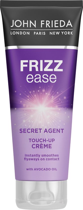 Paarse tube John Frieda Frizz Ease Secret Agent Touch-Up Crème met glinsterend effect.