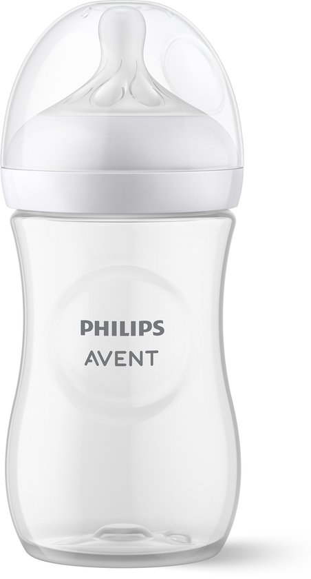 Een lege, doorzichtige Philips Avent babyfles met witte speen en dop.