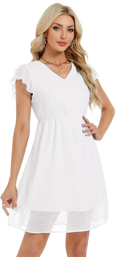 Zomerjurken voor dames, geplooide mouwen, V-halsjurk, casual swing, elastische taille, knielange strandjurk Wit XL