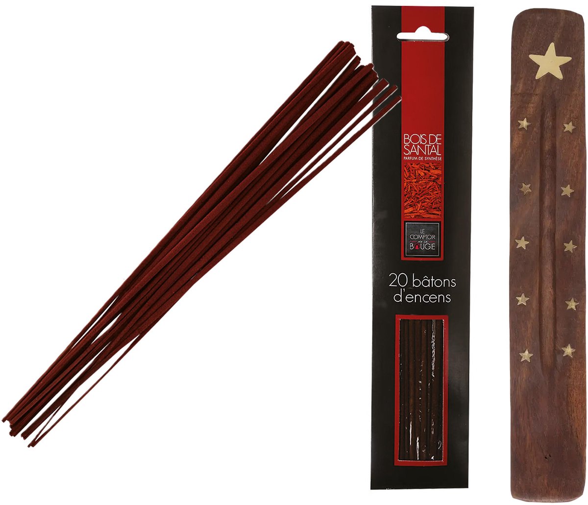 Atmosphera Wierook stokjes in Sandelhout geur - pak van 60x stokjes - 25cm - met houder/plankje Cognac bruin