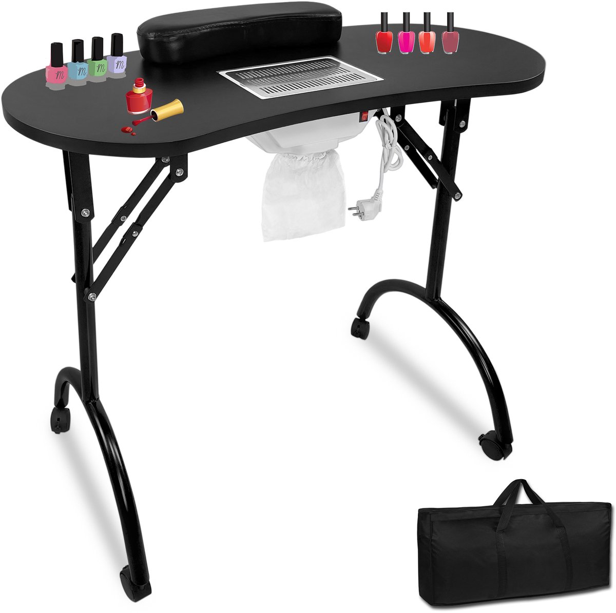 Opvouwbare manicuretafel met afzuiging, 98 x 44 x 77 cm, manicuretafel, nageltafel met stofzak, draagbare manicuretafel, mobiele manicuretafel, draagtas met wieltjes, 13 kg, zwart